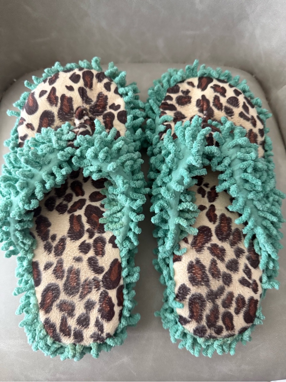 Lazy One Leopard Print Slide Slippers with Aqua Fringe